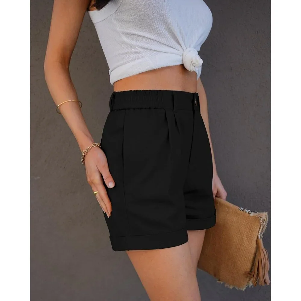 Women's Black High Waisted Cotton Stretch Elastic Waist Pleated Summer Shorts